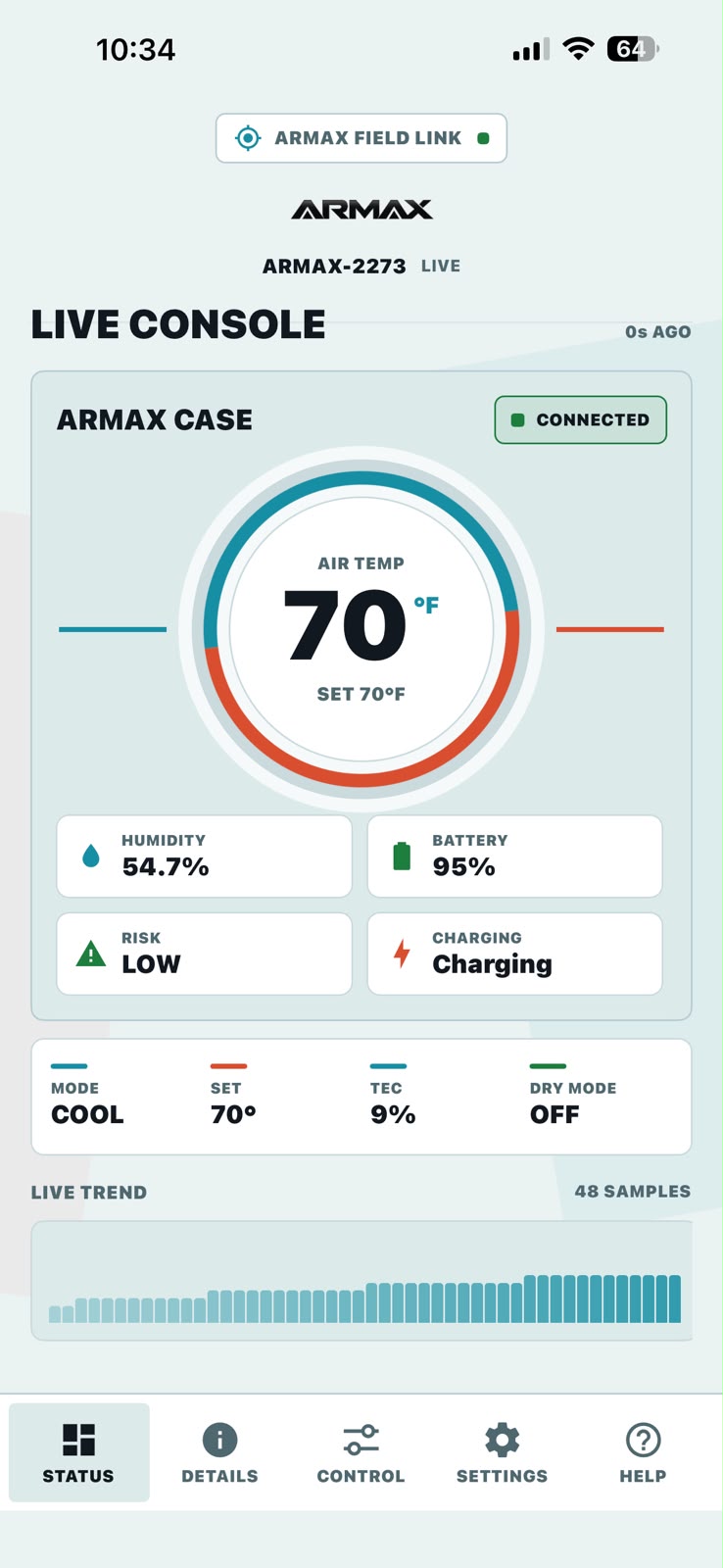 ARMAX mobile app status screen