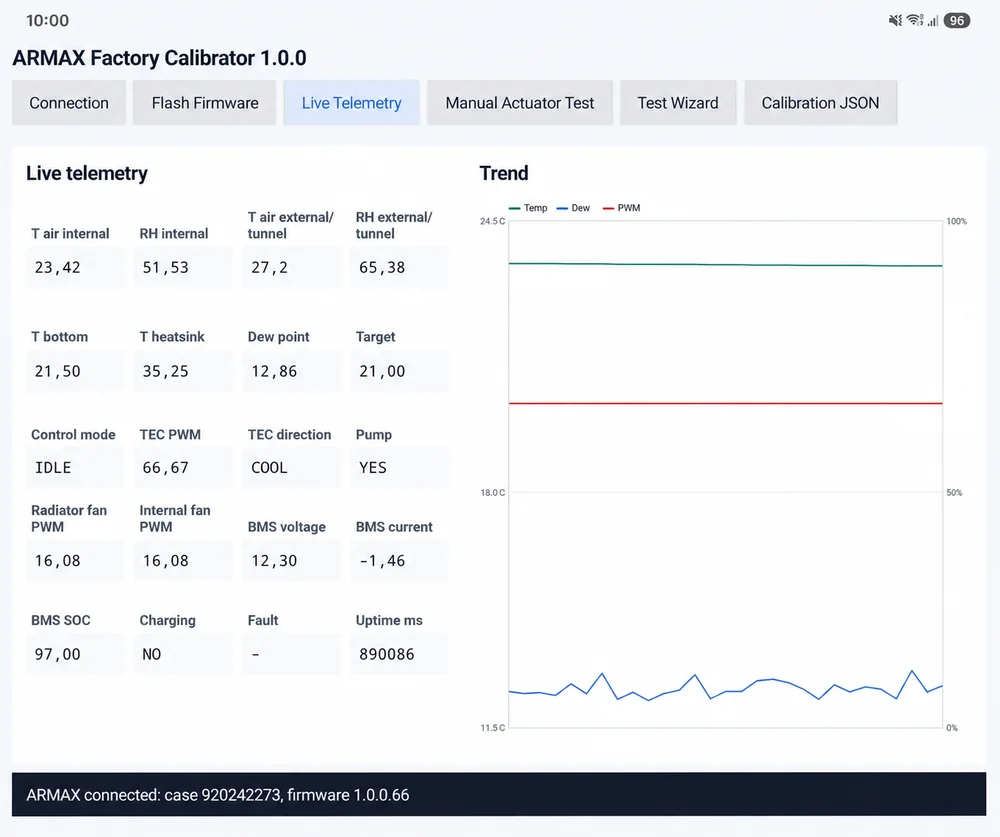 ARMAX Factory Calibrator live telemetry screen