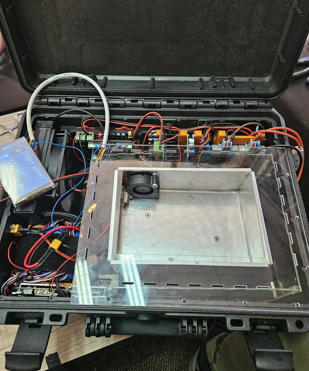 Early ARMAX prototype showing the control electronics, wiring, fan and metal conditioning chamber