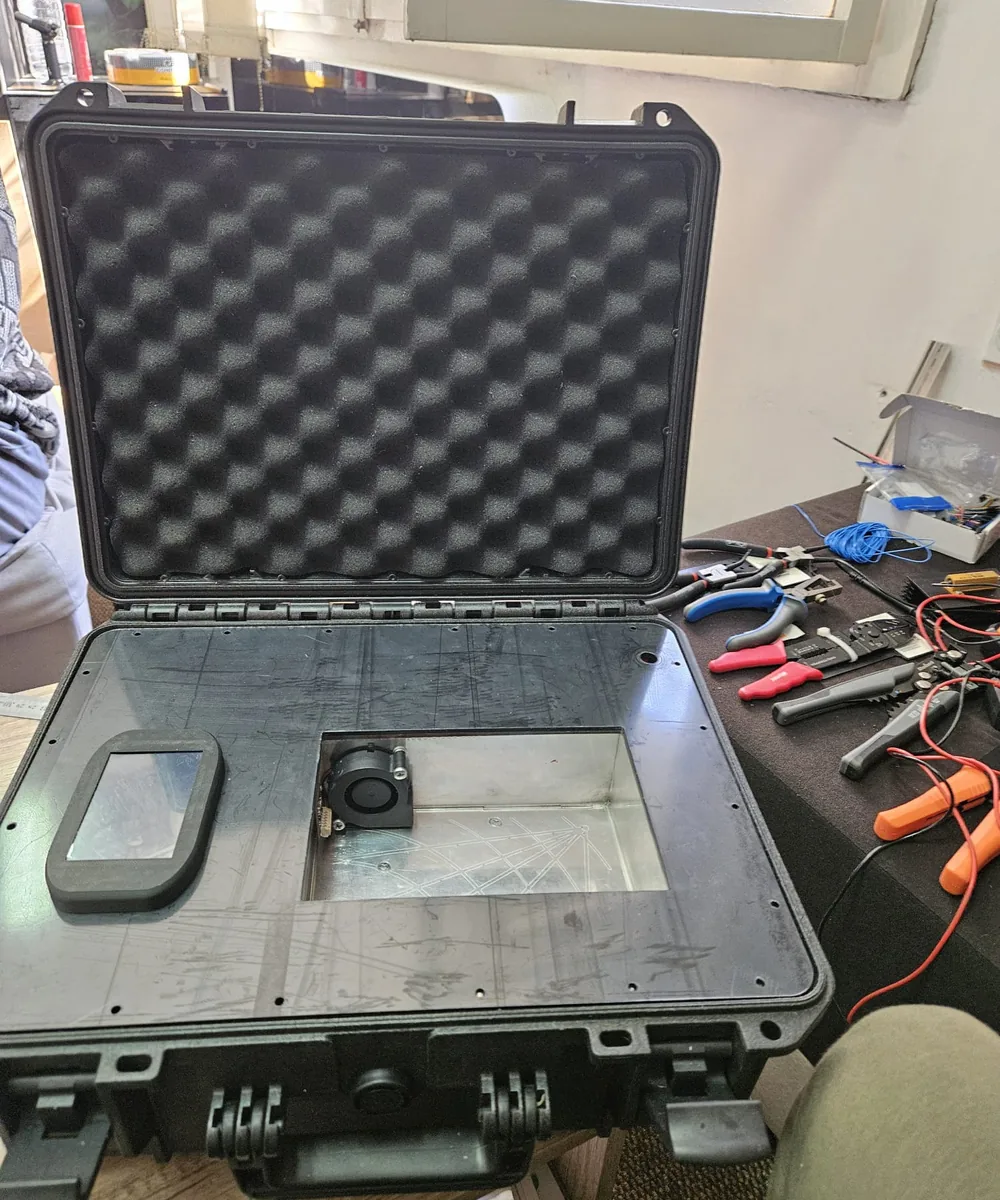 The first ARMAX prototype during workshop assembly inside its protective case
